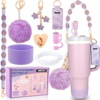 8PCS Cup Accessories for Stanley Set,Accessories for 30/40 oz Stanley Cup Including Silicone Straw Covers,Water Bottle Handle Strap,Silicone Cup Boot,Plush Ball and Key Charm