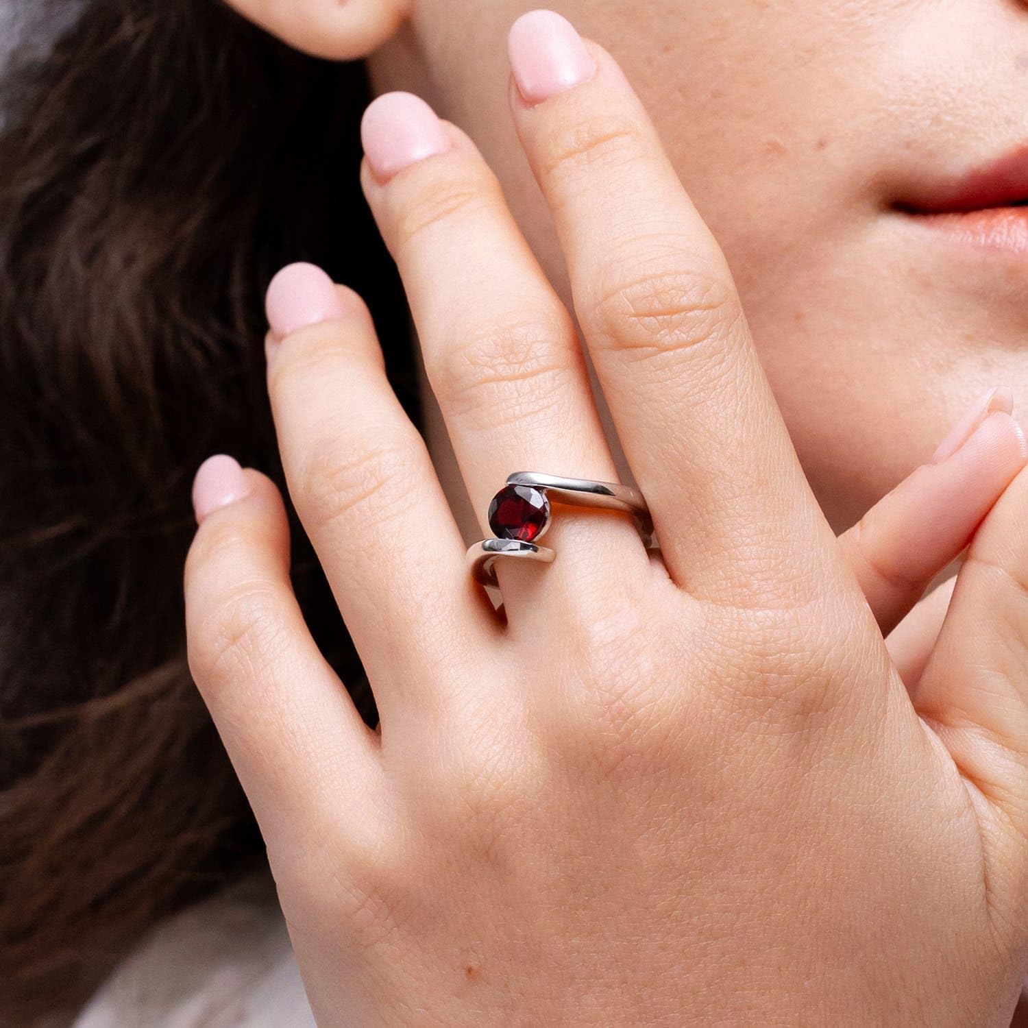 Angara Bar-Set Solitaire Round Garnet Bypass Ring in Sterling Silver/14K Solid Gold/Platinum | Natural Garnet Solitaire Ring for Women | January Birthday, Anniversary, Gemstone Jewelry Gift - Image 4