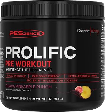 PEScience Prolific Pre Workout Powder for Men & Women with L-Citrulline Nitric Oxide Booster, Energy Powder & Nootropic for Focus Preworkout Without Beta Alanine 40 Scoops, Guava Pineapple Punch