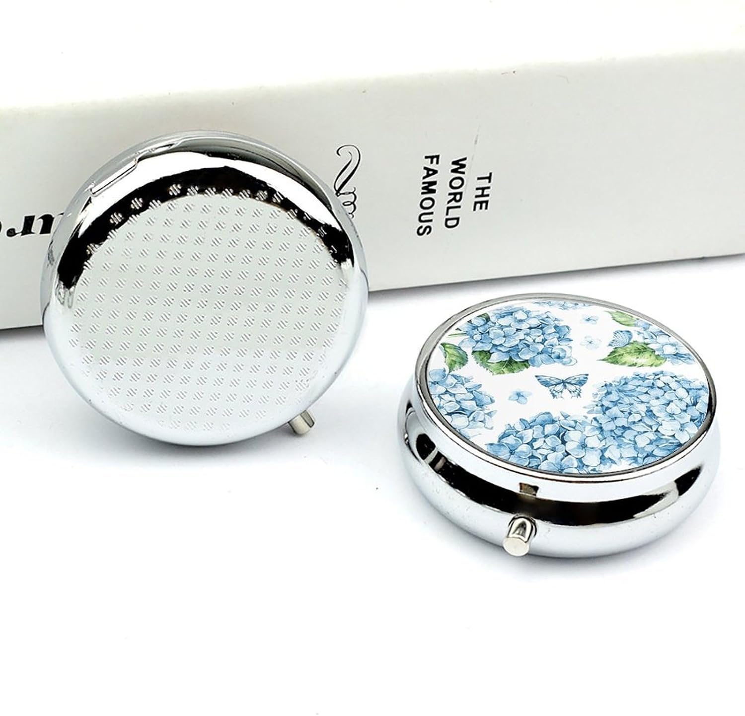Blue Hydrangea Round Pill Box with 3 Compartments & Mirror image 4