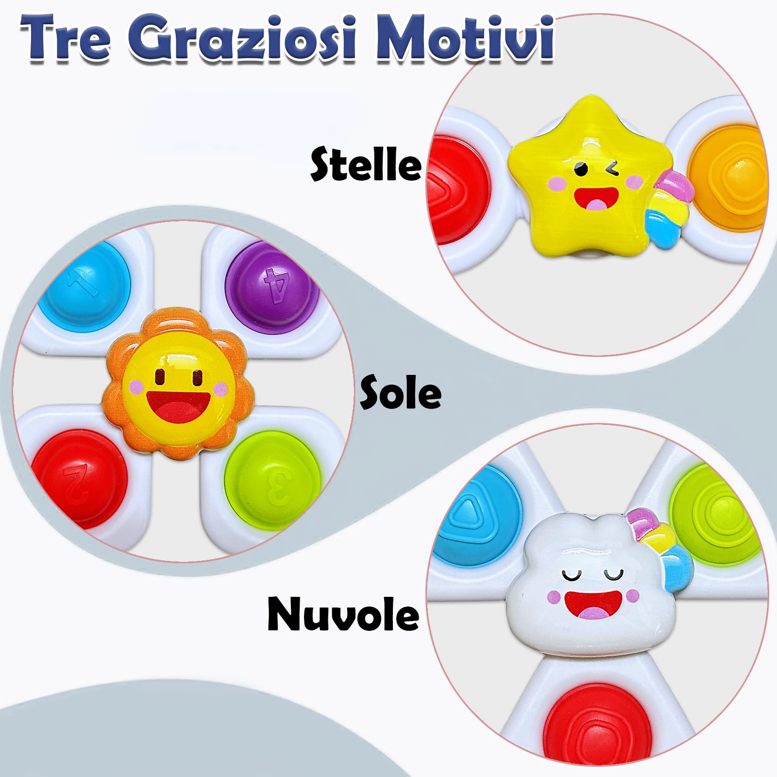 Echehi 3 Pezzi Spinner Bambini, Giochi Bagnetto Neonato, Giochi Sensoriali per Neonati. Sole
