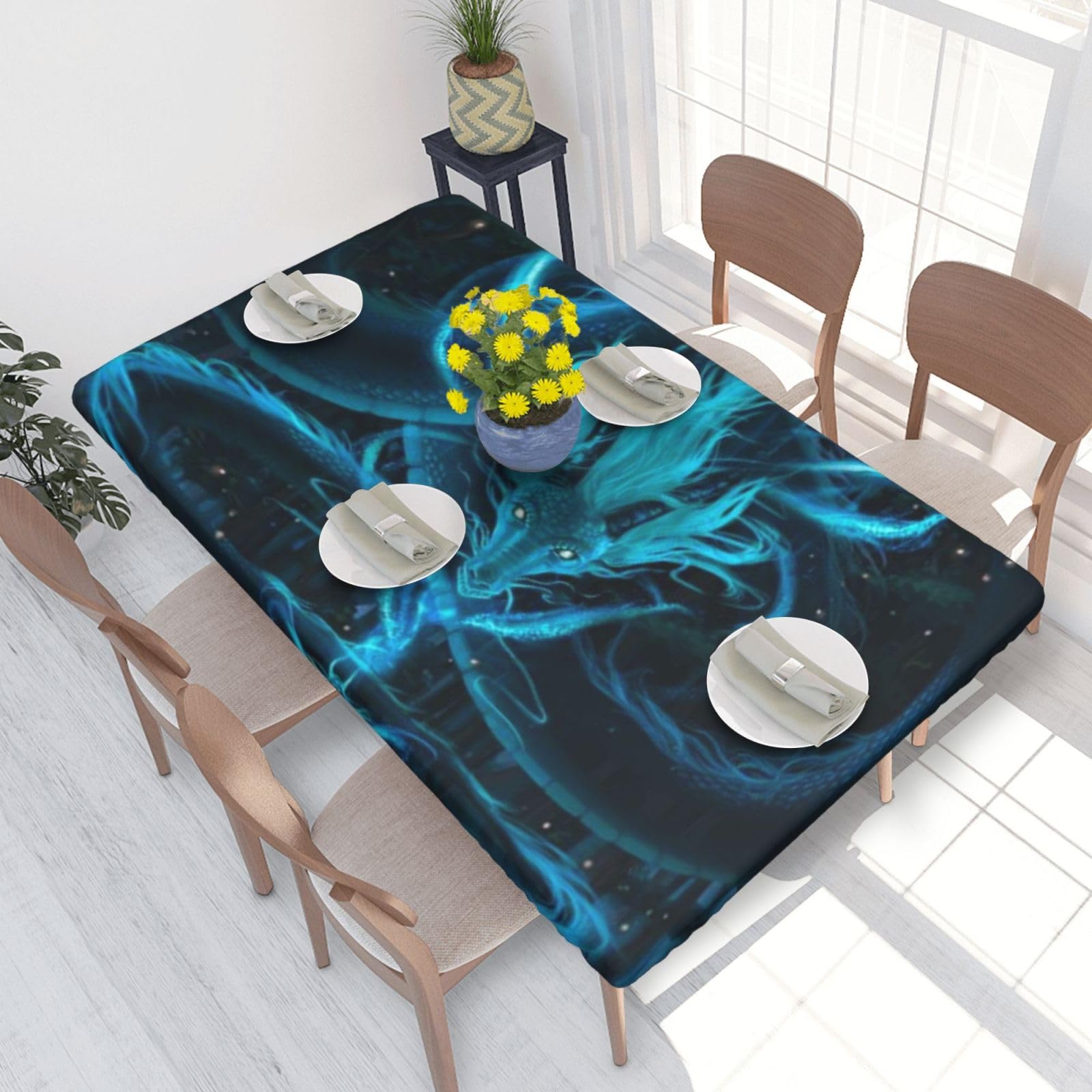 BNVSADC Blue dragon and girl Printed 4FT Tablecloth 122x76 CM Polyester Kitchen Water Resistant Table Cloth Dining Table Decoration Table Covers