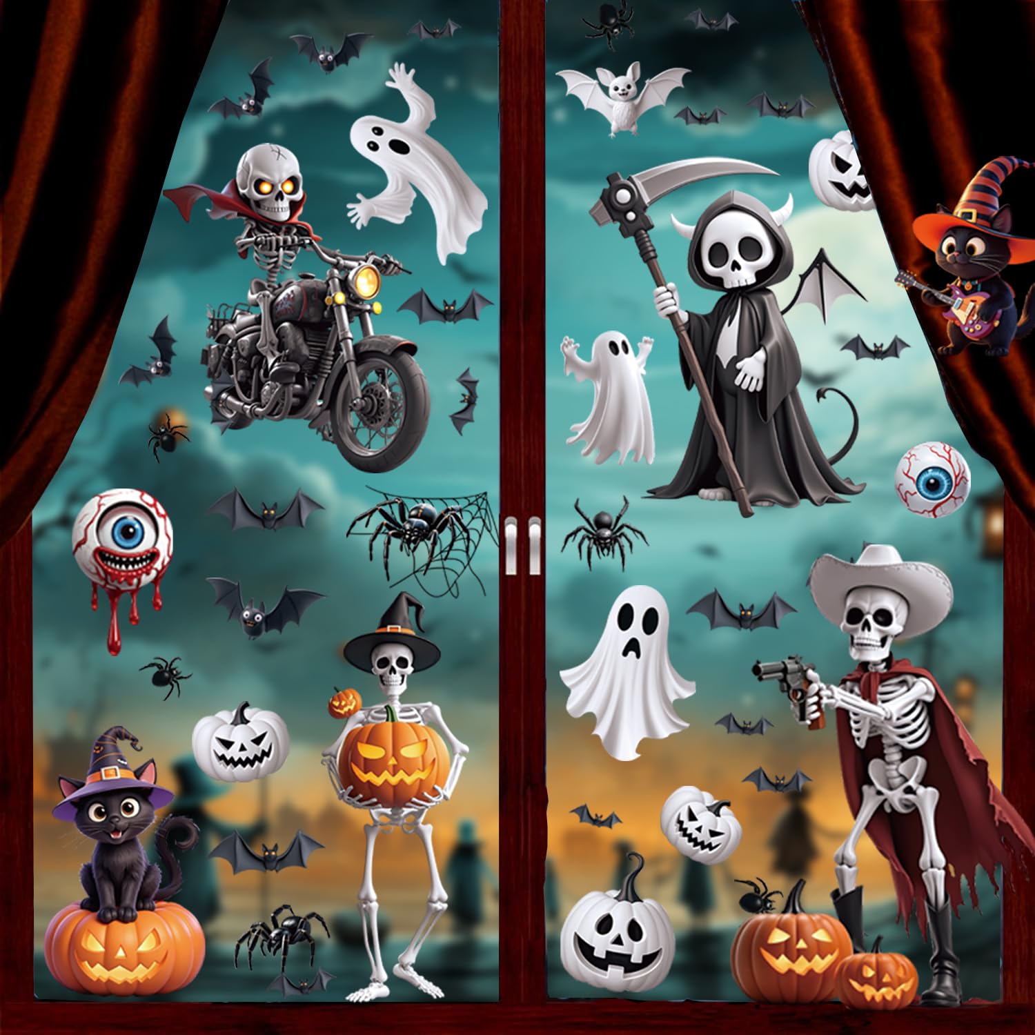 FMDPZUP Halloween Decorations Window Stickers,9 sheets Scary Skeletons Window Clings Decals with Ghost Pumpkins Bats, Perfect for Halloween Decoration