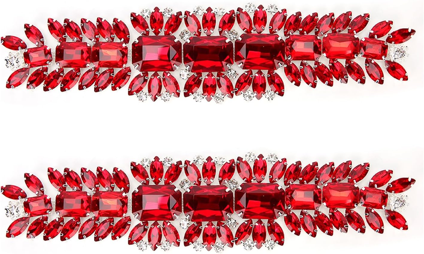 Red Crystal Rhinestone Chain Applique, 2Pcs Diamond Sparkly Crystal Applique Sew On Ribbon Craft Decoration Trim Embellishment