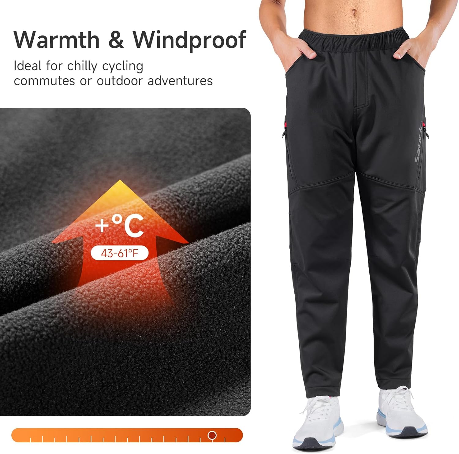 Santic Men's Mountain Bike Pants,Windproof Motorcycle Riding Pants,Winter Thermal Fleece Winterproof Riding Pants - Image 3