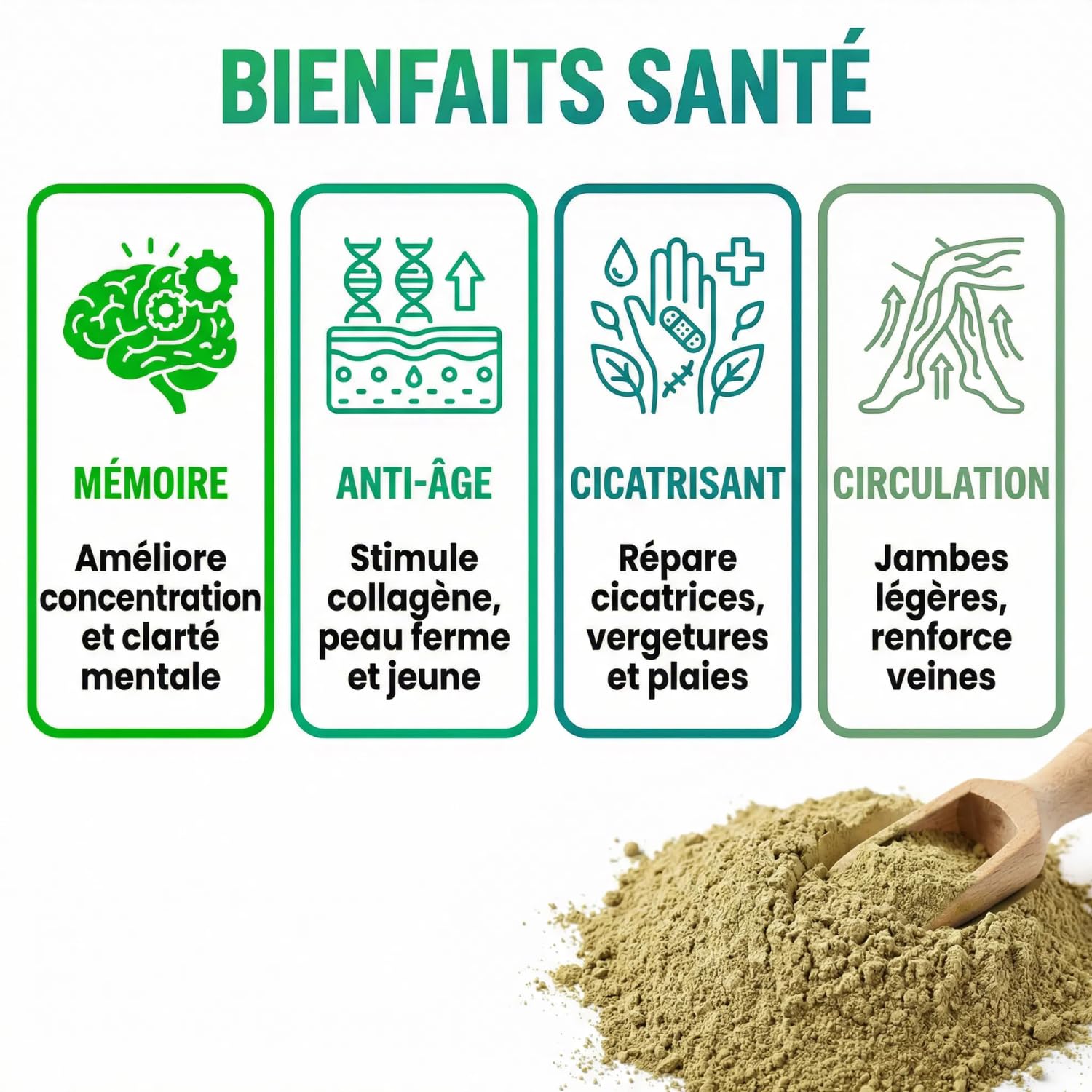 Gotu Kola Poudre Pure (Centella Asiatica) 100g | Booster Cerveau, Mémoire, Concentration | Anti- Âge, Stimule Collagène, Cicatrisant Peau | Circulation Sanguine, Stress | Herbe du Tigre Ayurvédique