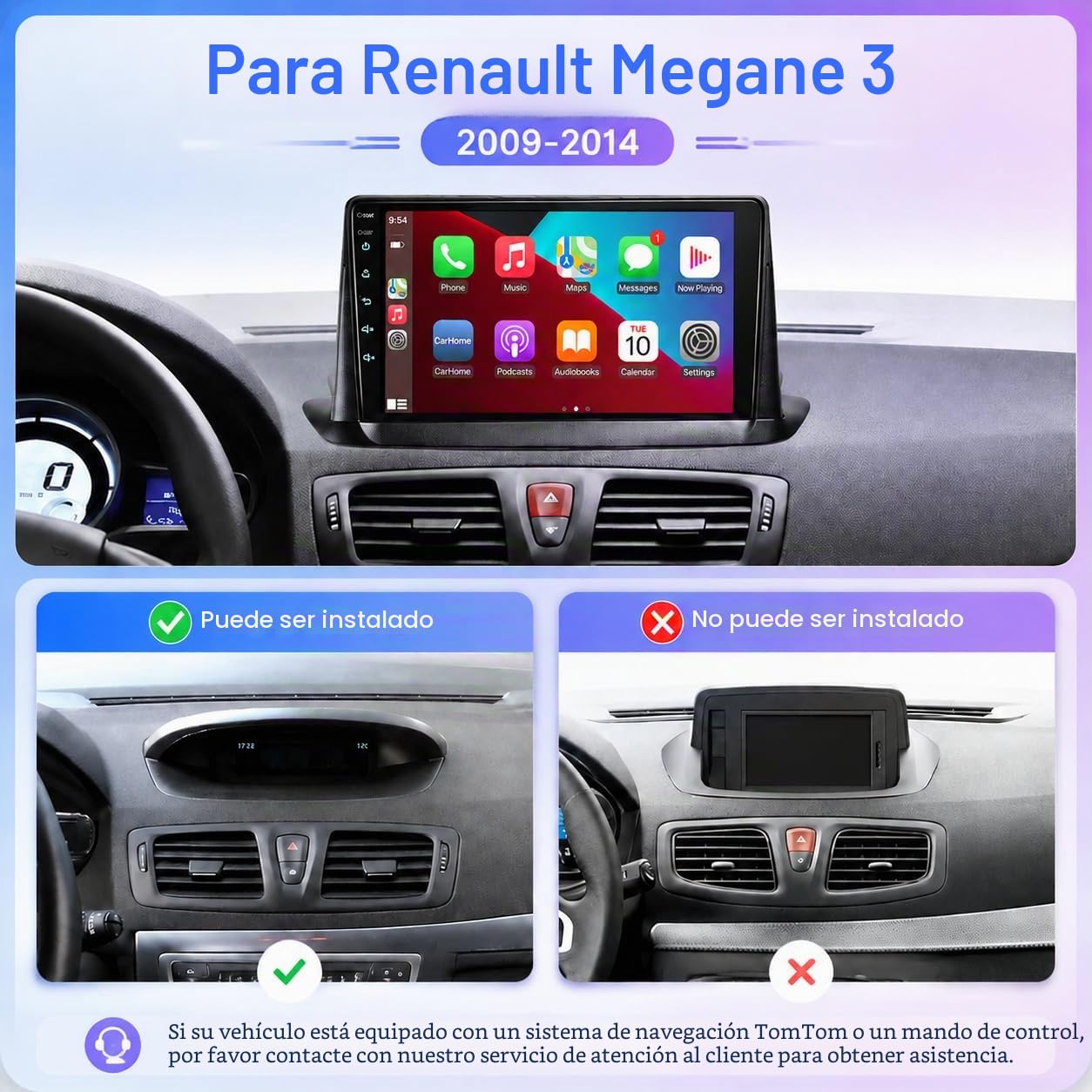 Pantalla carplay Renault Megane 3 2009-2014 con Android Auto y CarPlay Inalámbrico 9 Pantall Estéreo con FM/GPS Navegación/USB/Cámara Trasera/Reproductor Multimedia