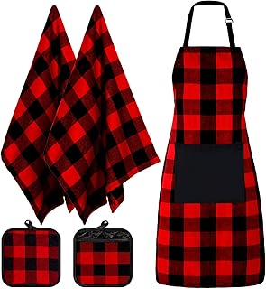 Whaline 5Pcs Apron Kit 1Pcs Christmas Buffalo Plaid Cooking Apron 2Pcs Dish Towels 2Pcs Buffalo Plaid Hot Pot Holders Red and Black Style Kitchen Supplies for Indoor Outdoor Home Use