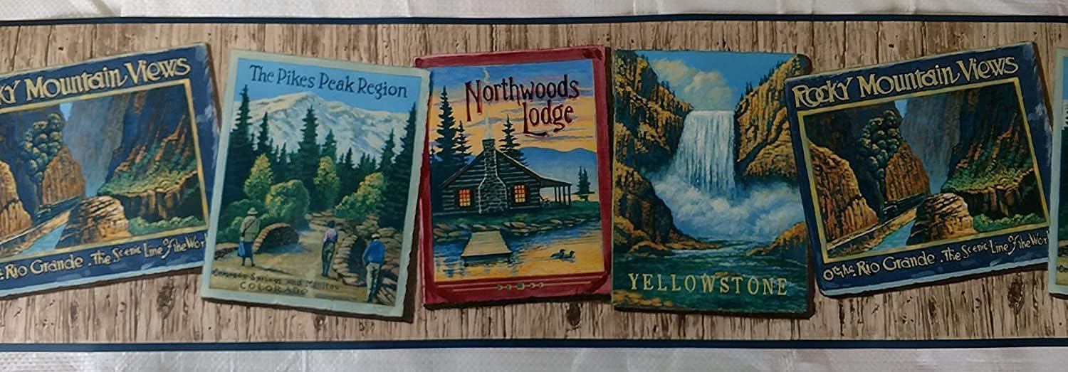 CONCORD WALLCOVERINGS ™ Wallpaper Border Travel Pattern Yellowstone Colorado Rio Grande Lodge Posters for Living Room Social Room Cottage, Multicolored, 9.5 Inches by 15 Feet LM9030B
