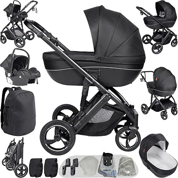 Kinderwagen 3 in 1 Hochwertige Stoffe Kinderwagen Set Zwei-Wege-Schiebefunktion Reisesysteme Offene Sicht Kombikinderwagen 3 in 1 Komplettset H2 Black