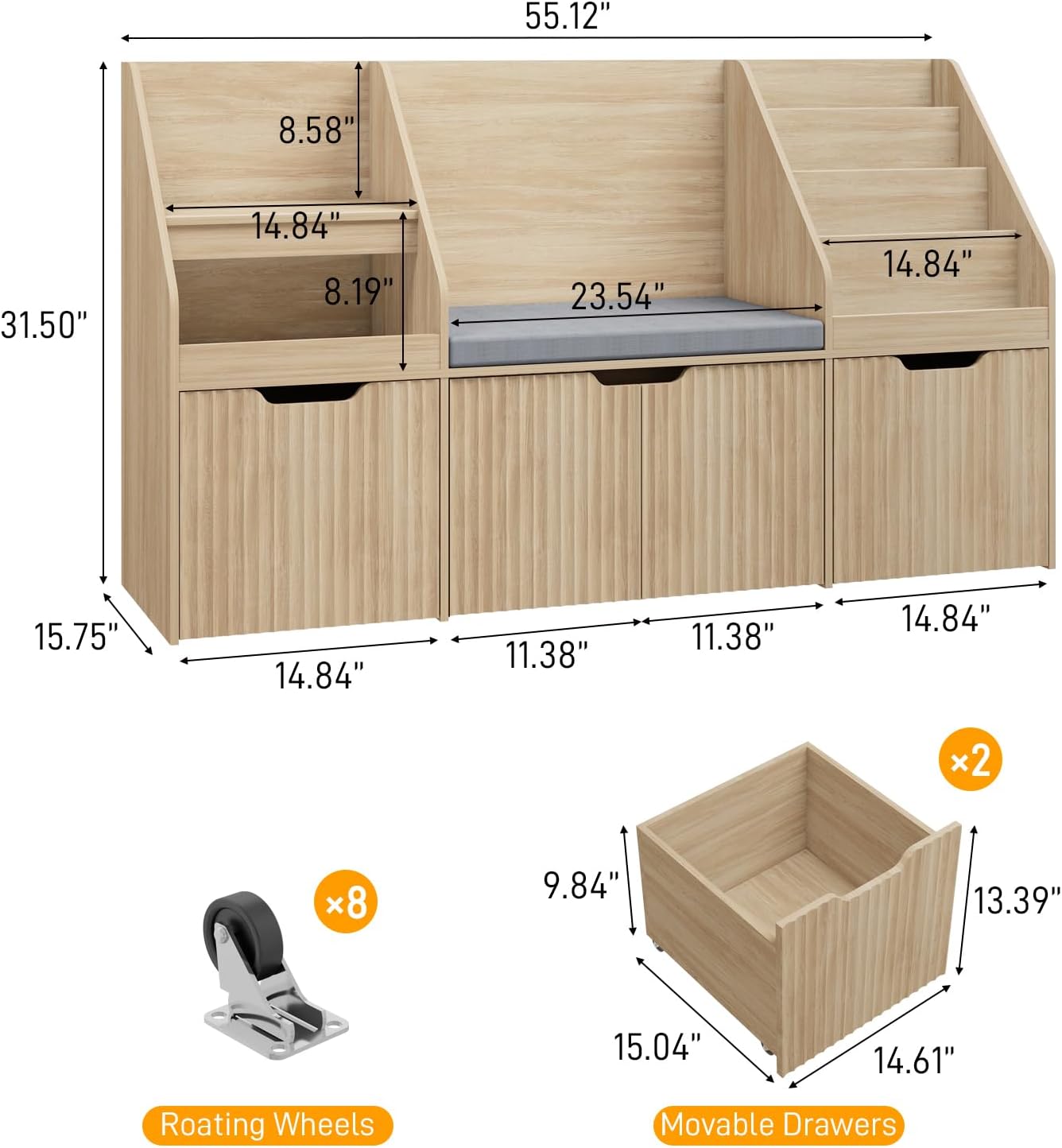 Vabches Kids Bookshelf with Reading Nook, Toy Storage Organizer with Seat Cushion and 2 Movable Drawers, Kids Bookcase Toy Organizers with 2 Doors Storage for Playroom, Bedroom, Natural Oak
