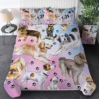 Sleepwish Dog Print Bedding for Kids Girls Boys Puppy Animal Comforter Cover Set 3 Pieces Watercolor Pastel Dog Paw Duvet Cover Dog Lover Bed Set (Purple Blue, Twin Size)