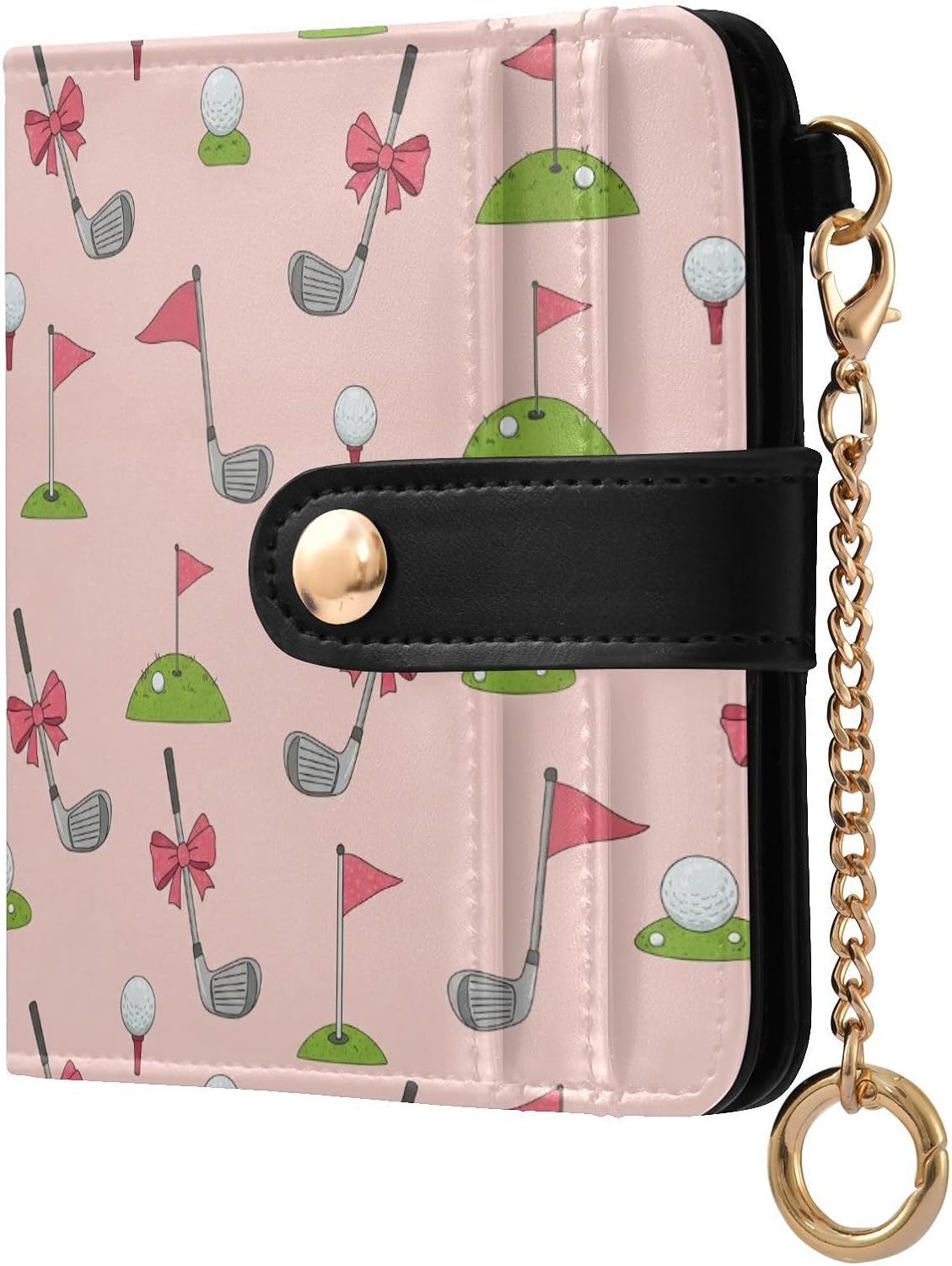 DOMIKING Pink Golf Bow Pattern Wallet for Women Bifold PU Leather Credit Card Holder with ID Window Thin Wallet Coin Purse for Female Lady