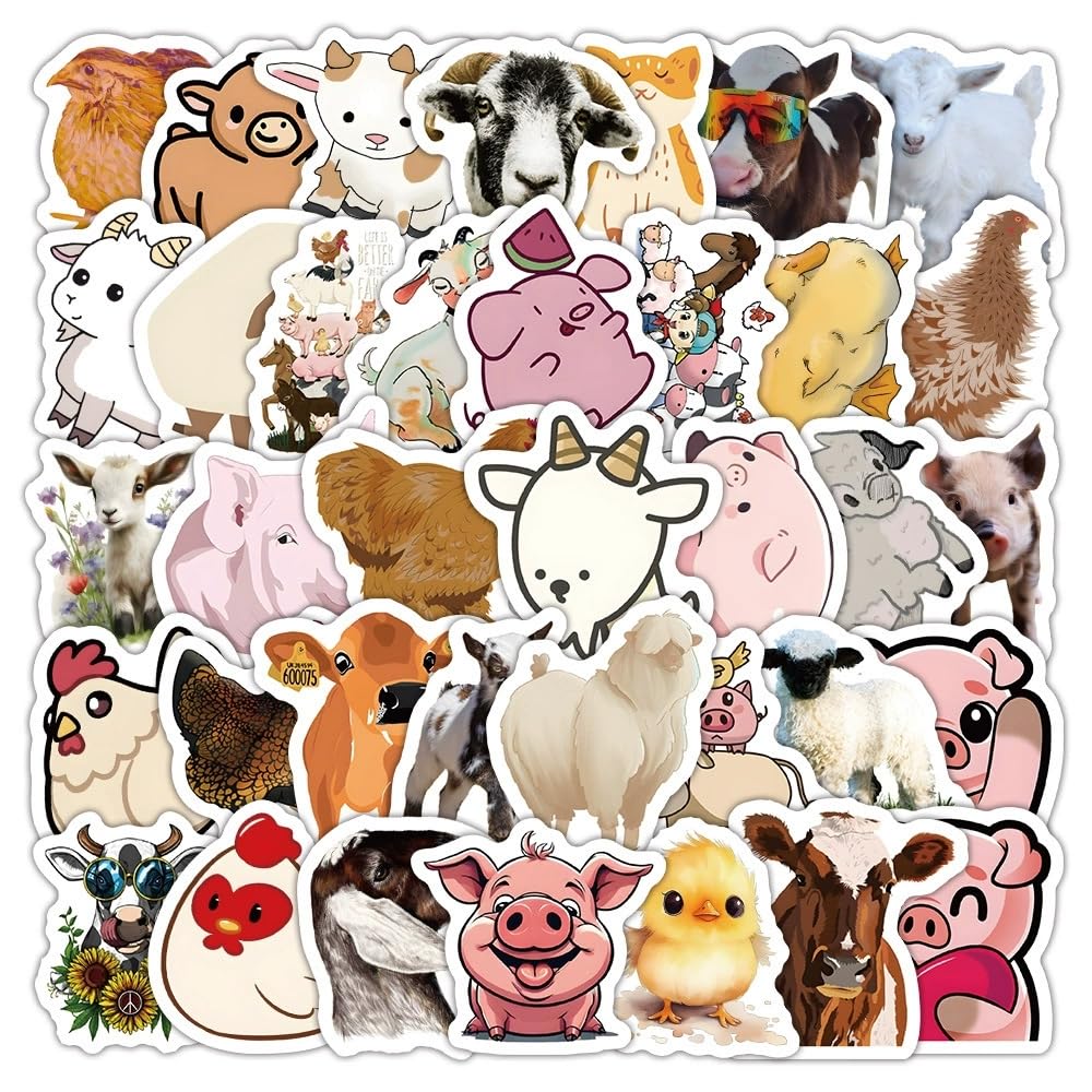 50 Stück Farm Animal Tiere Aufkleber Pack Tiere Sticker Set Wasserdichte Vinyl Sticker für Laptop Kinder Autos Motorrad Fahrrad Skateboard Gepäck Koffer Computer Aufkleber Graffiti Decal