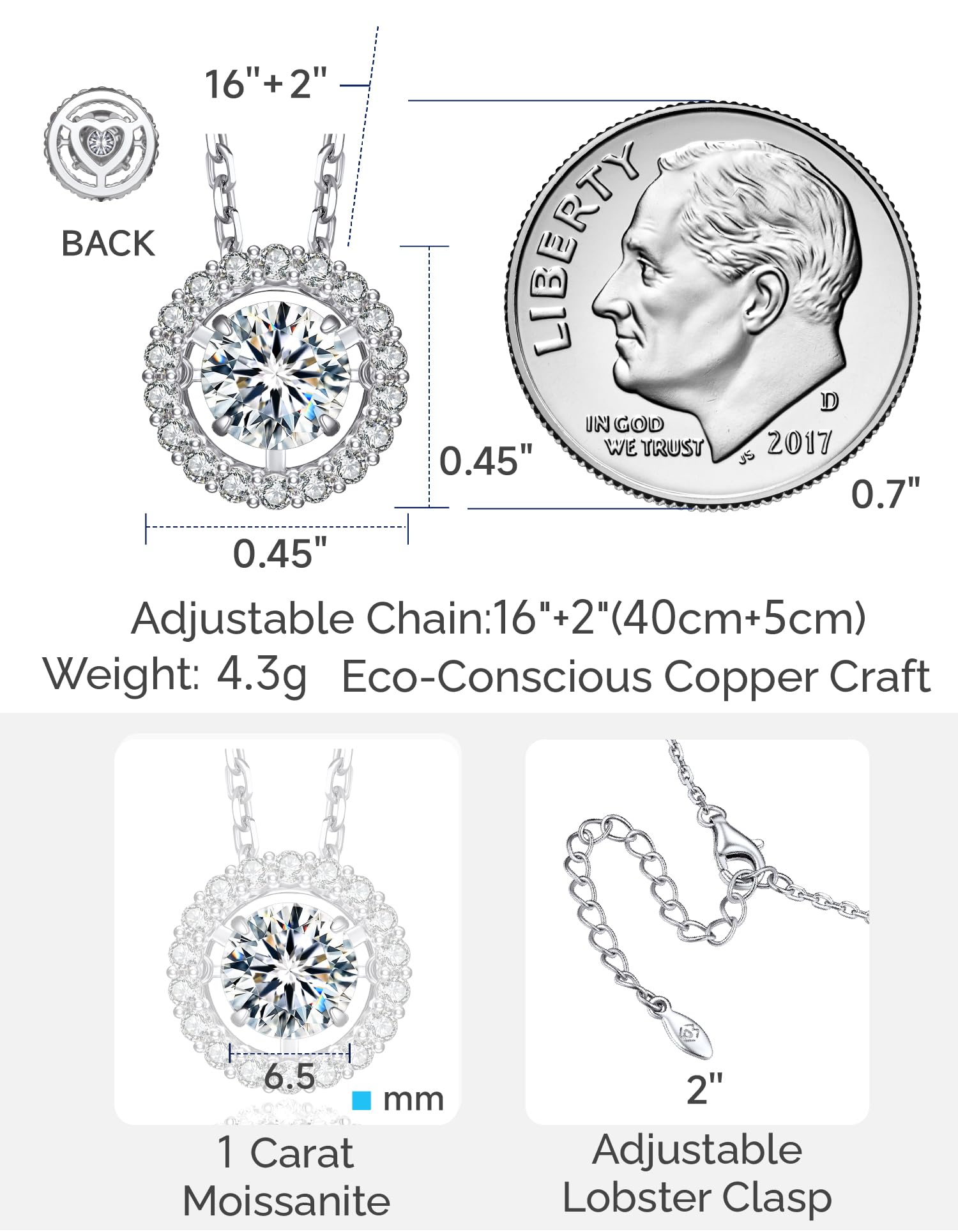 MomentWish Collana Donna Argento 925, Pietra Moissanite 0.5/1 Carato, Ciondolo Halo Danzante, Gioiello Regalo San Valentino per Donna