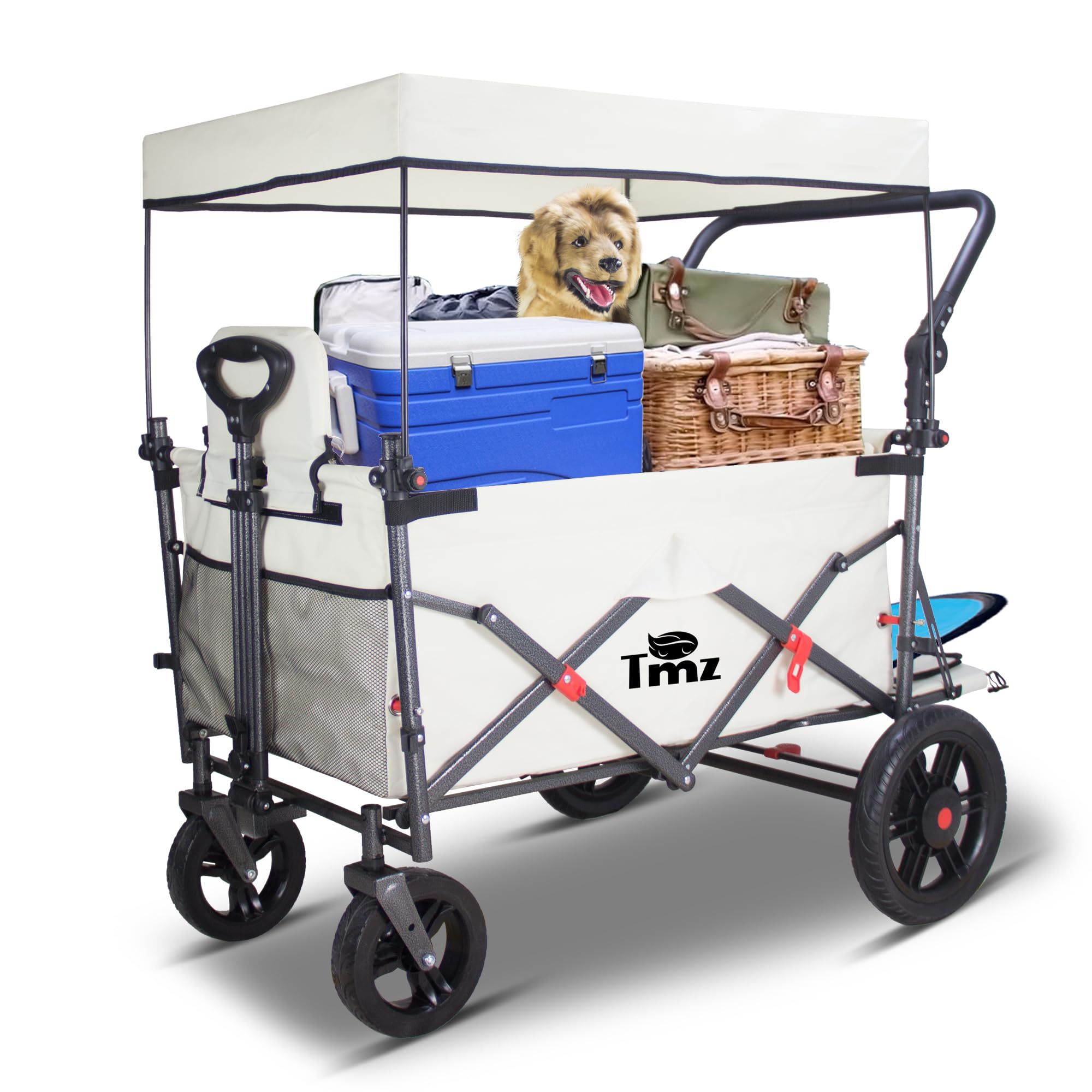 TMZ Folding Wagon Featuring 2 Seats, Folding Handcart trolley with Removable Canopy, Collapsible Garden Wagon with Brake for Festival Shopping Camping Picnic (Beige)