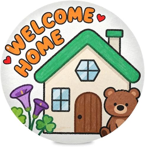 Welcome Home Cartoon Bear House Round Table placemat Washable placemats for Dining Table Set of 4 15x15 in individuales para mesa de comedor Redondo
