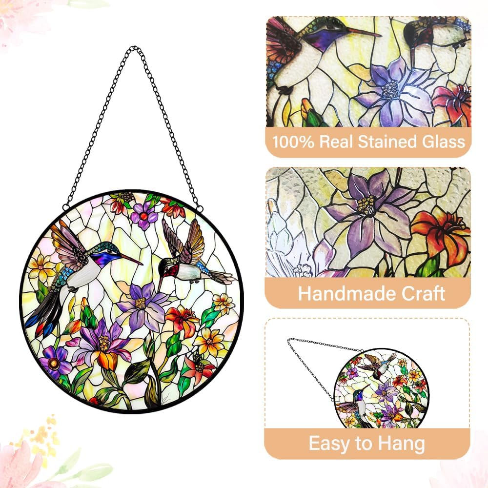 Stained Glass Hummingbird Suncatcher Window Hanging - Handmade Birds Flowers Suncatchers for Windows Hanging - Sun Catchers Wall Art Home Garden Decor Panels - Valentines Day Gifts for Women Mom Wife - Image 3