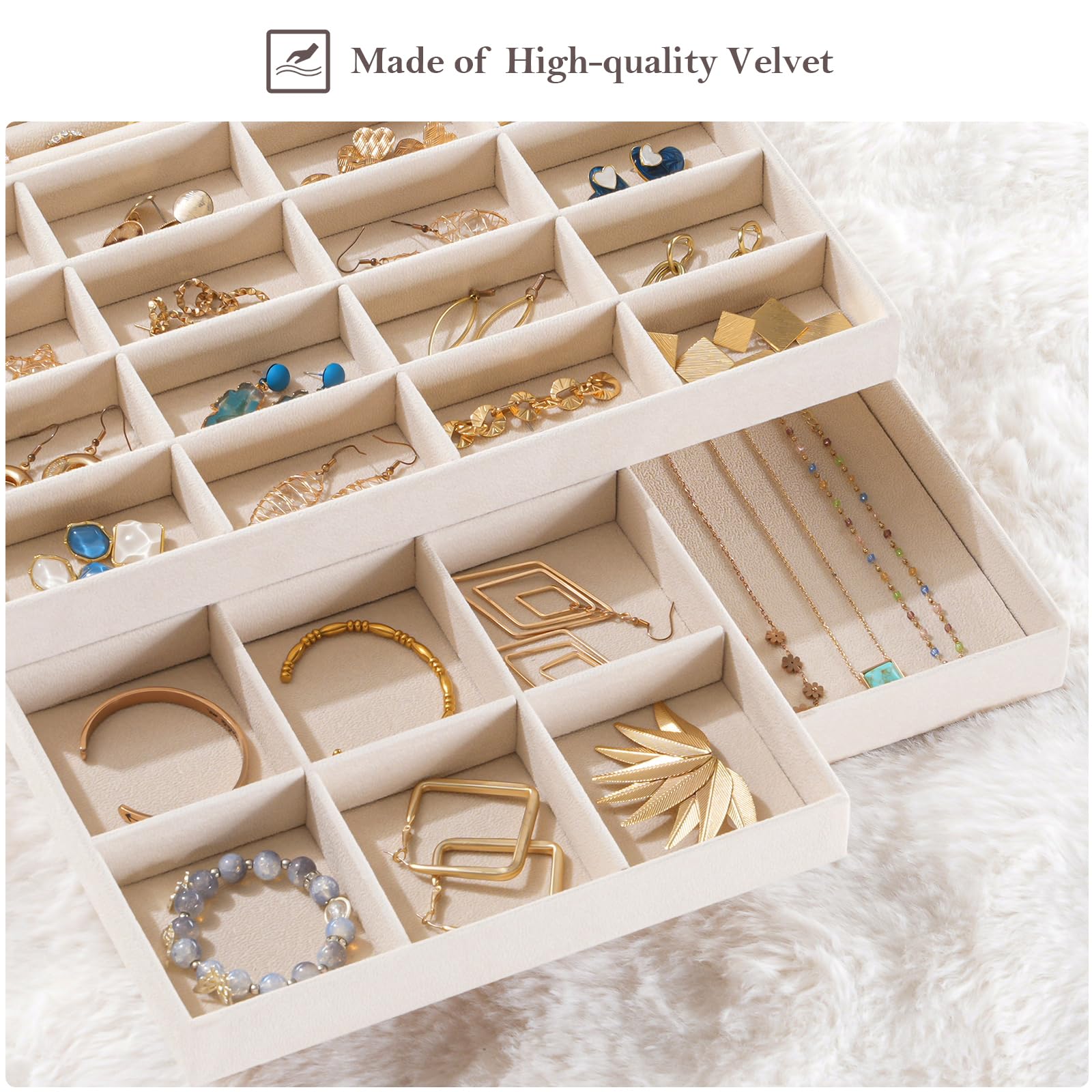 ProCase 3 Bandejas Organizadora para Joyería, Apilables para Cajón Tocador Armario, Exhibidor de Collares Pendientes Pulseras Anillos Relojes, Regalo Ideal para Mujeres y Niñas -Crema
