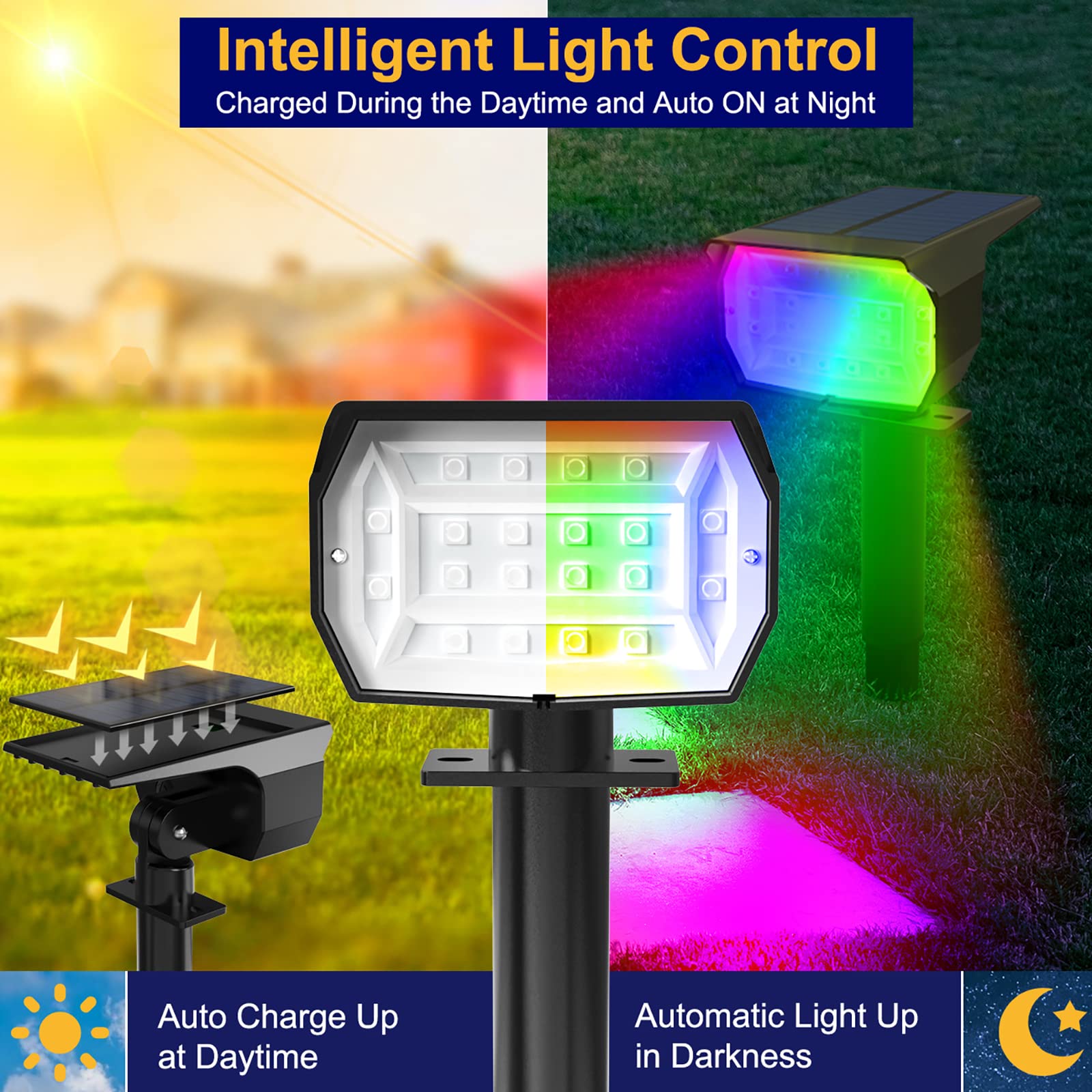 btfarm 8 Pezzi 72 LED Faretti Solari a LED da Esterno, 3 Livelli di Luminosità Lampade Luci Solari da Giardino Potenti, IP65 Impermeabile Lampada Lampioni Solare per Cortile, Alberi, Colorato