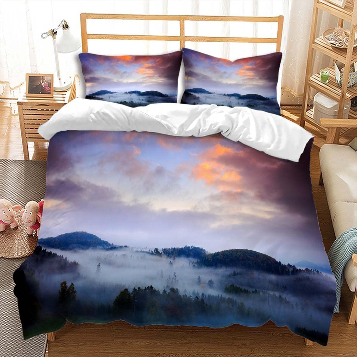 Copripiumino Matrimoniale 260x240 Foresta Stampa 3D Set Copripiumino Paesaggi Naturali Morbido Microfibra Biancheria da Letto Foresta, Copripiumone con 2 Federe con Cerniera D2009