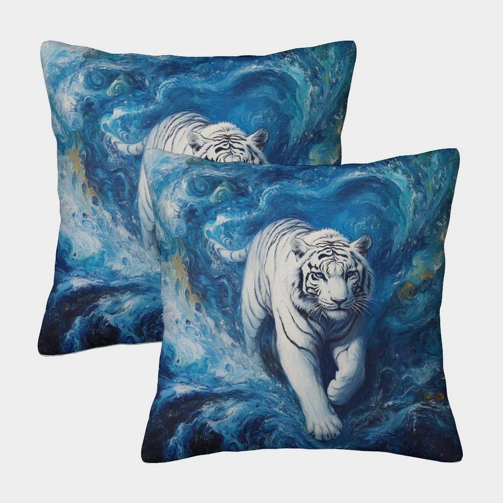 kaiyun 2 Pack Oil Painting Style,White Tiger in Vortex 3D Cushion Cover Pillow Cover Sofa Outdoor Decoration Square 50x50cm