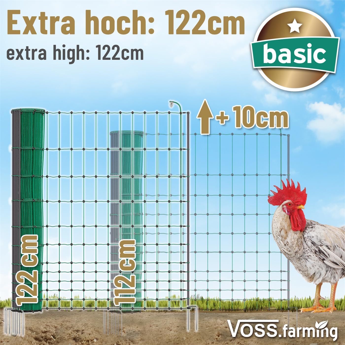 VOSS.farming Geflügelnetz 25m 122cm hoch Basic Hühnerzaun Nicht elektrifizierbar, 7 stabile Pfähle mit Doppelspitze, grüner Geflügelzaun, Flexibler Zaun, mobiler Begrenzungszaun für Hühner, Haustiere