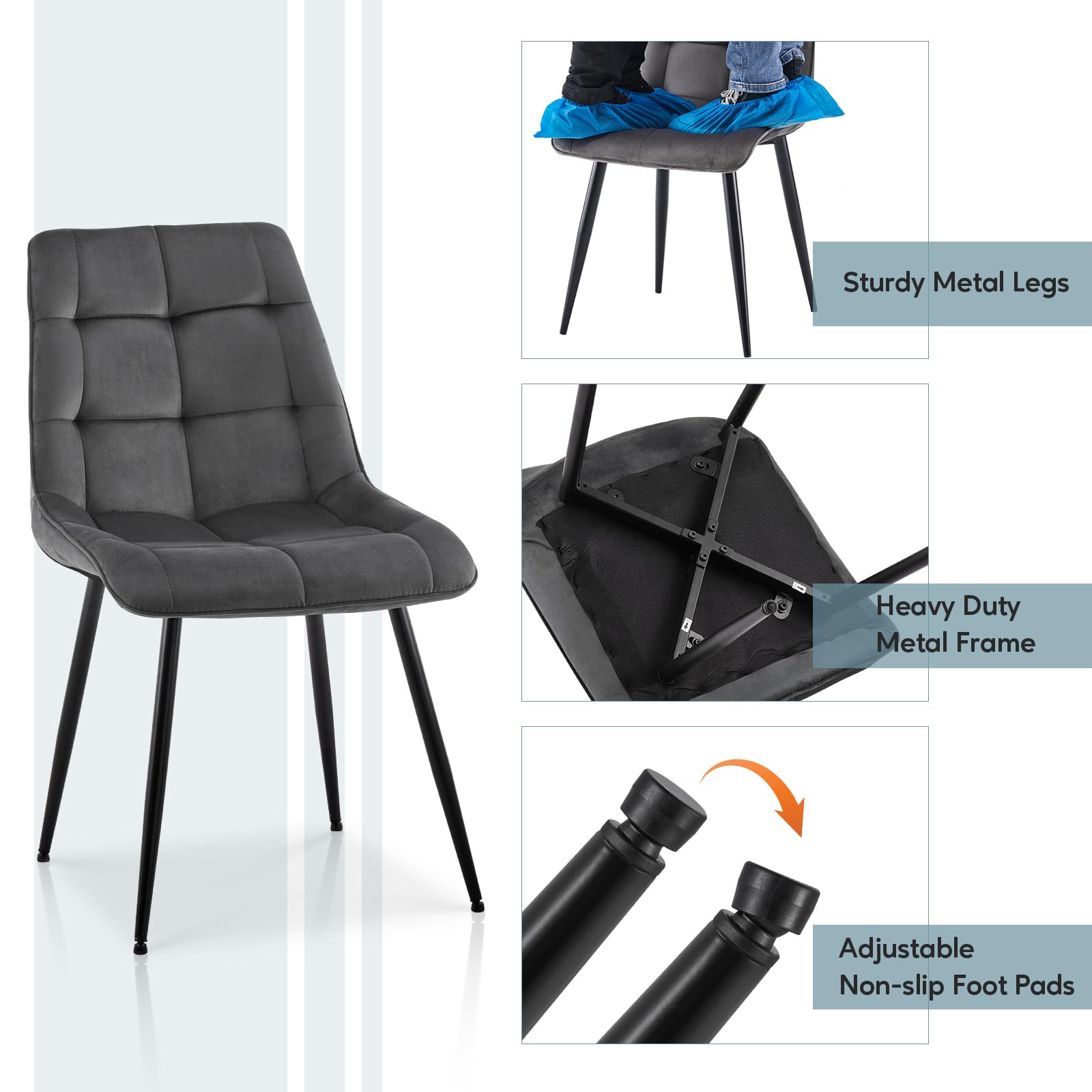 TUKAILAI Esszimmerstühle 6er Set aus Samt, Küchenstuhl Polsterstuhl Wohnzimmerstuhl mit Rückenlehne,Gepolsterter Sitz, Metallbeine, Design Stuhl für Küche Esszimmer, Dunkelgrau