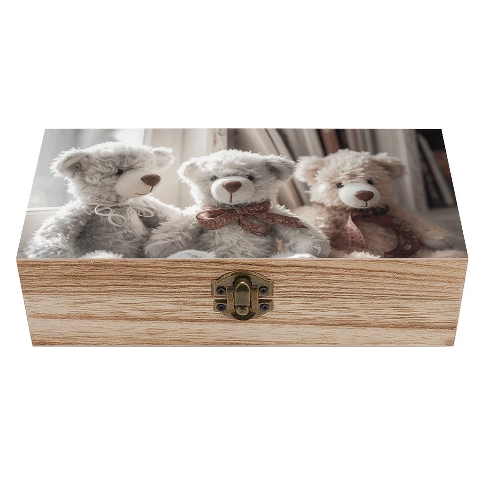 NONHAI Wooden Storage Box Bear Sitting on Shelf Wood Gift Box with Hinged Lid Vintage Decorative Jewelry Boxes Memory Box for Jewelry Art Hobbies Home Storage Treasure Keepsake Gift 7.9''x3.9''x2.3''