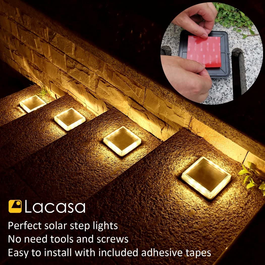 Lacasa Luces solares para cubierta, paquete de 4 unidades, blanco cálido, entrada suelo, base pasarela, IP68, impermeables, funcionan sol, luz LED encendido