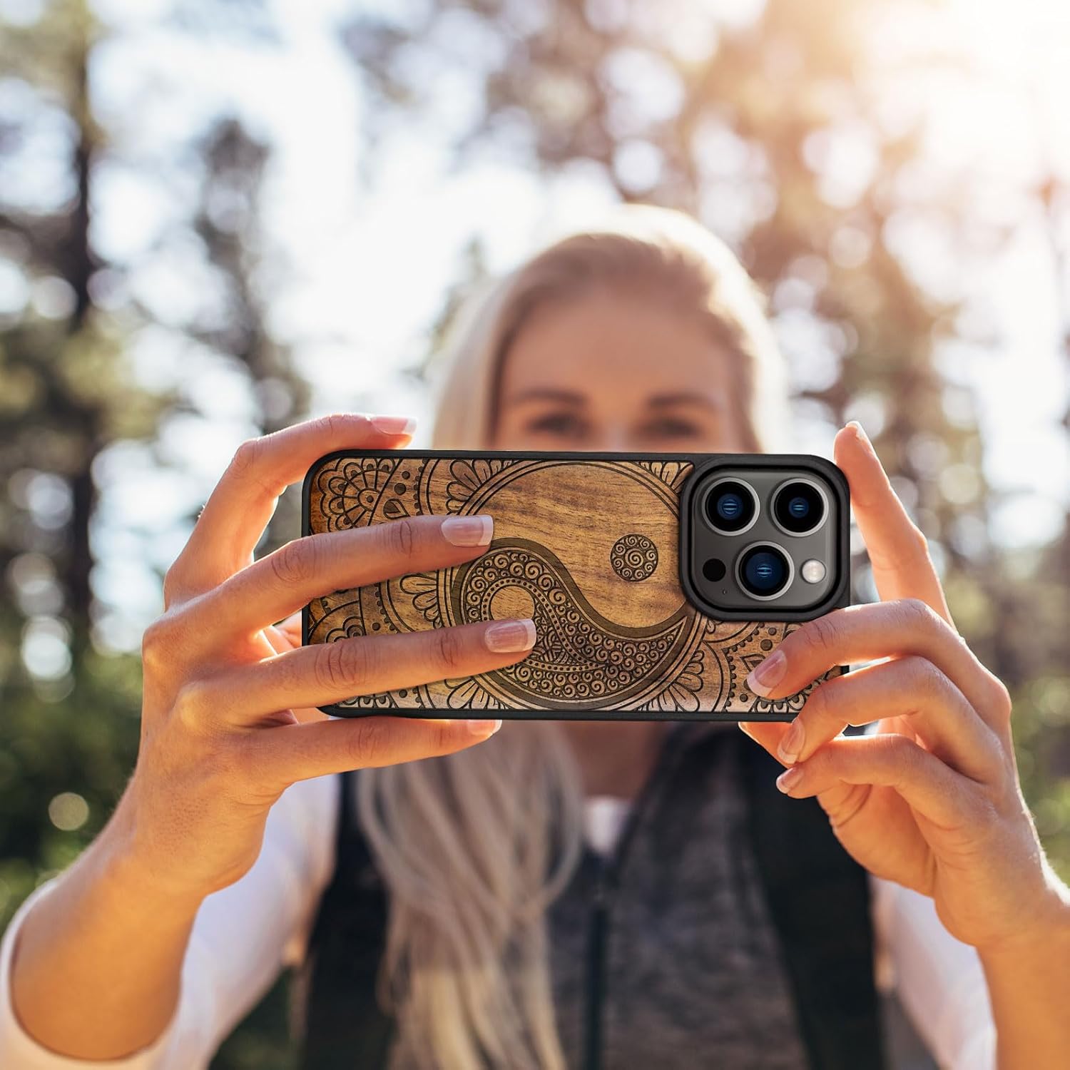 Carveit Magnetic Wooden Case for iPhone 15 Pro Case, Compatible with MagSafe Wireless Chargers, Black Soft TPU Shockproof Cover & Wood Artisan Engraved (Yin-Yang Mandala) - Walnut