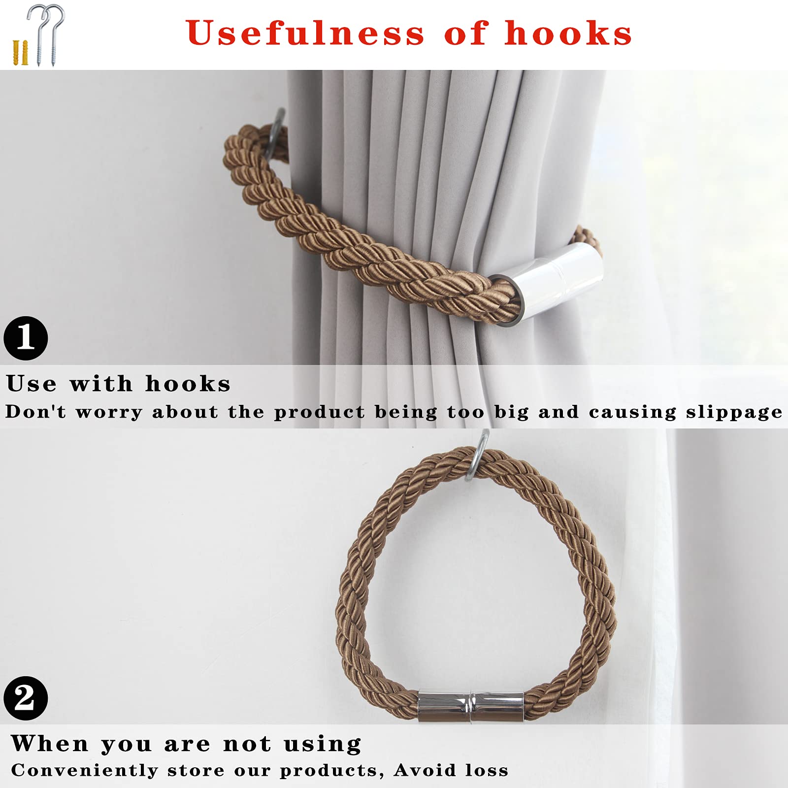 Lot de 4 embrasses de rideaux magnétiques robustes et décoratives en corde kaki de 50 cm pour rideaux fins ou épais avec crochets en métal, légèrement lourdes