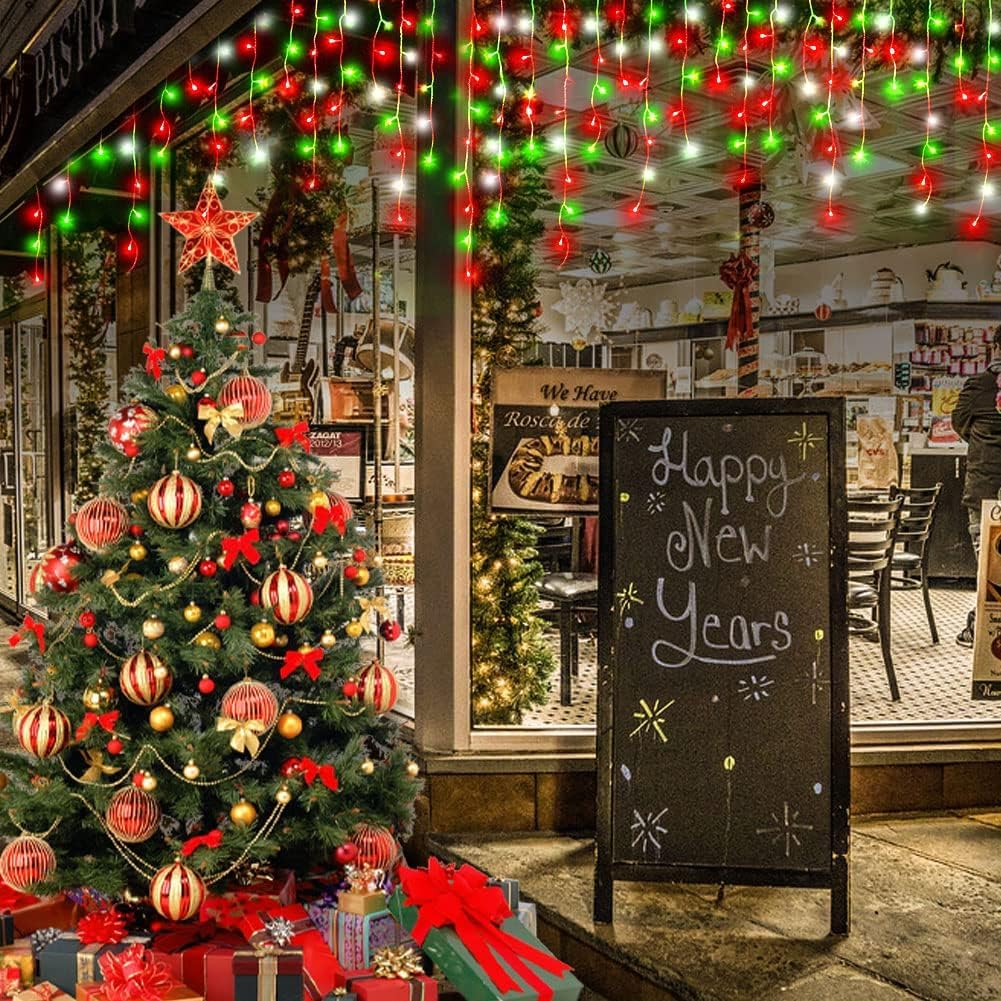 XURISEN 132ft Christmas Lights Decorations Outdoor, 1280 LED 8 Modes Curtain Fairy Lights with 240 Drops,Plug in Waterproof Timer Memory Function for Christmas Holiday Wedding Party Decorations