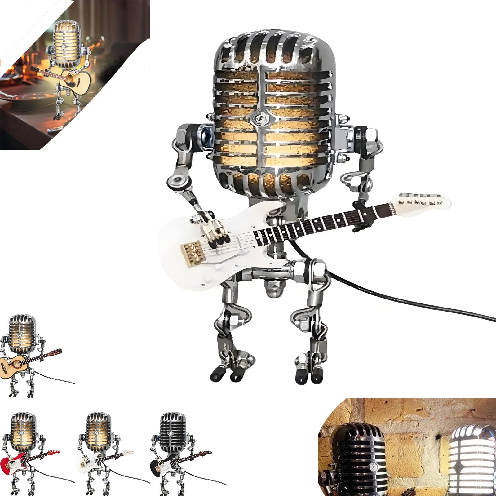 LOUPKC Vueeze Mic Rockbot, Sherum Mic Rockbot, Dotmalls Microphone Robot Desk Lamp, Vintage Microphone Guitar Lamp, Cool Guitar Gifts for Music Lovers and Guitar Player Desktop Decoratio(WHITE)