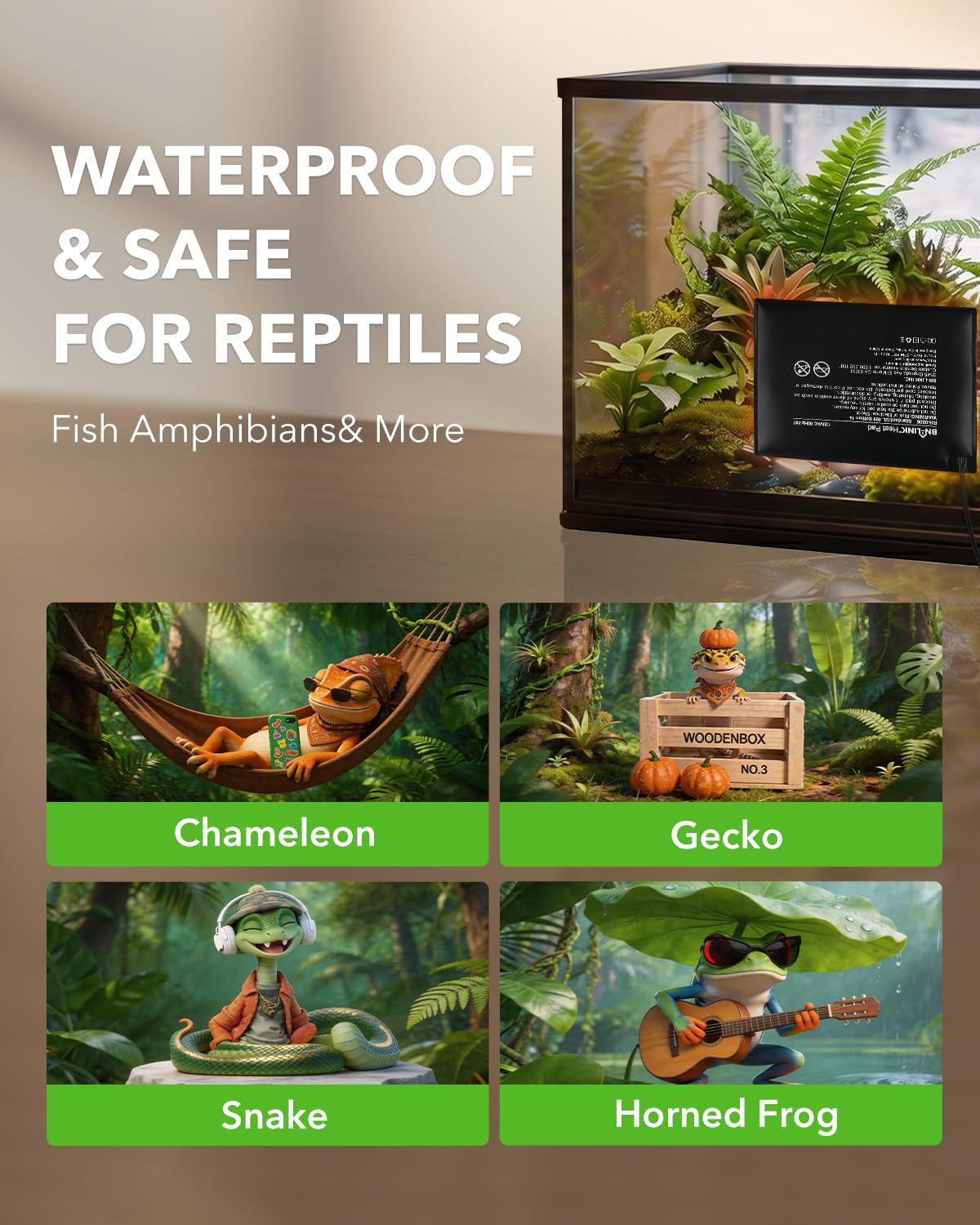 BN-Link Almohadilla de calefacción para Reptiles para Interior o terrario, Impermeable, para Tortugas, lagartos, Ranas y Otros Reptiles, 8 x 12 Pulgadas