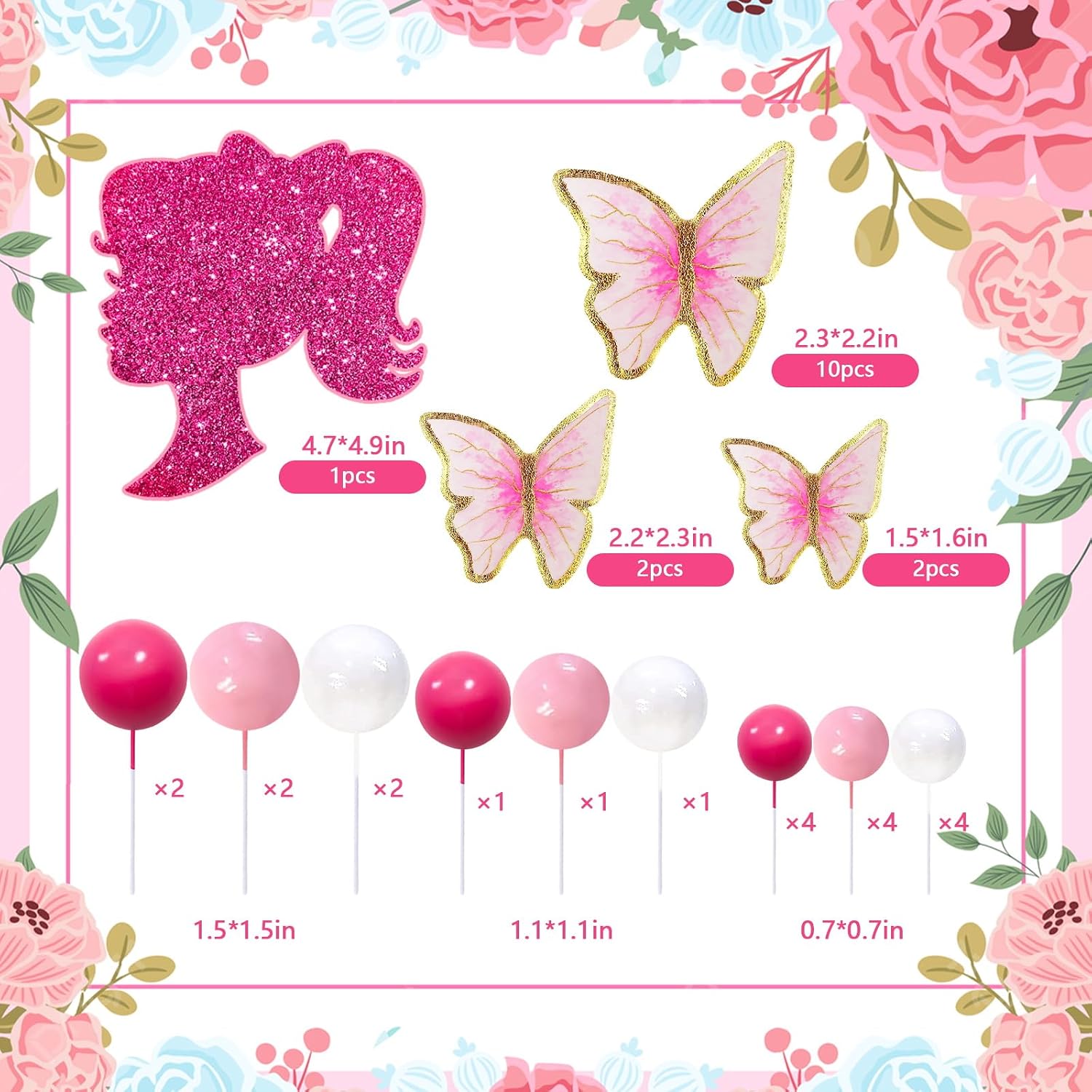 MEMOVAN Hot Pink Girl Cake Toppers 27pcs Pink Ball Butterfly Cake Decoration Princess Theme Cake Decoration for Boho Girls Princess Theme Wedding Baby Shower Birthday Party Supplies