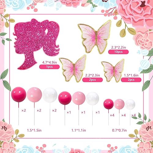 Miniatura 2 de MEMOVAN Decoración para tartas de niña rosa intenso, 27 unidades, bola rosa, mariposa, decoración de tartas para niñas, decoración de pasteles para