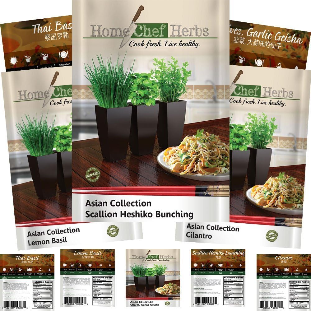USDA Organic Asian Herb Seeds for Planting Indoors Non GMO Asian Seeds: Thai Basil Seeds, Garlic Chives, Tokyo Long White Scallion, Lemon Basil Plant, Cilantro Seeds