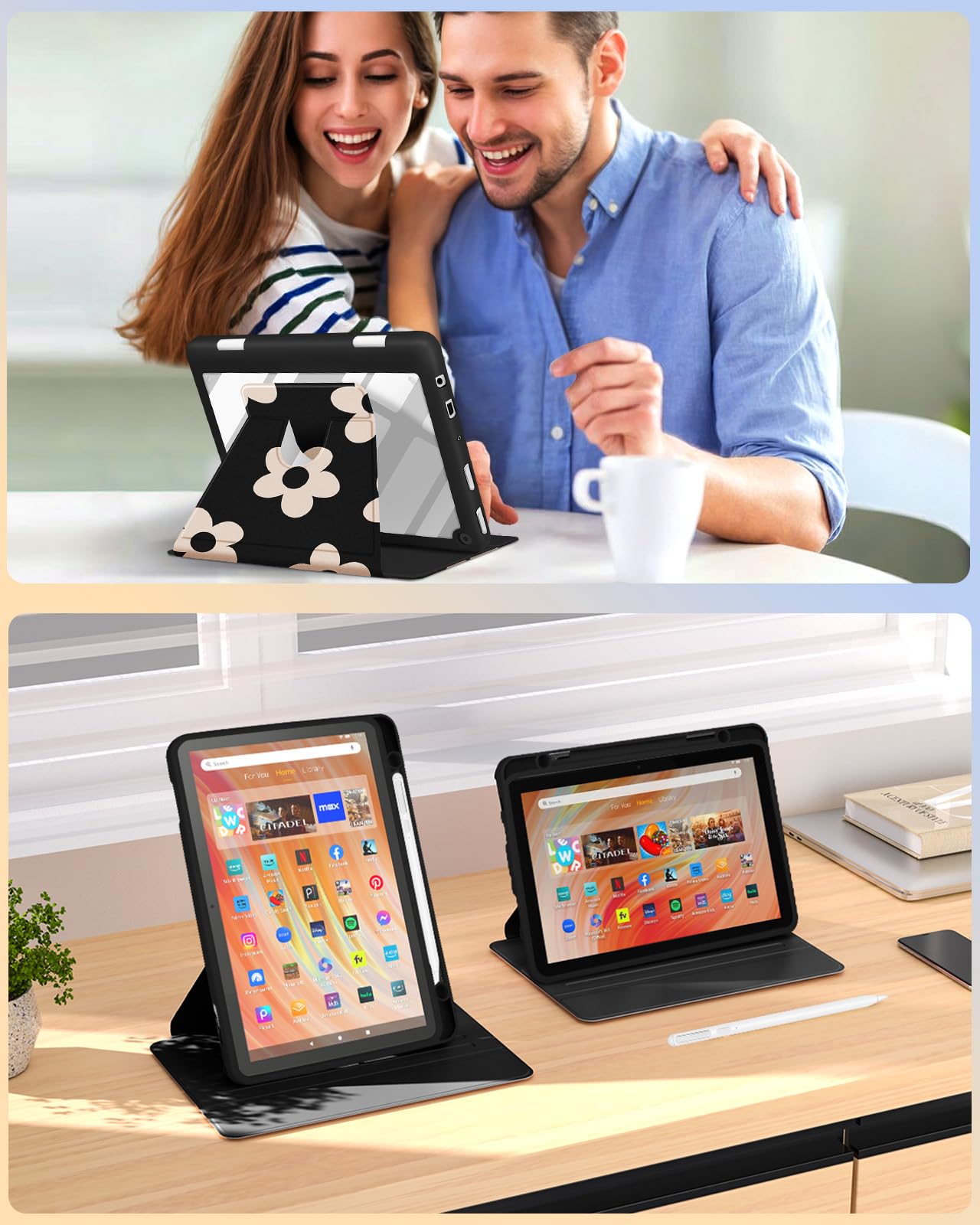 Kidcube Schutzhülle für Kindle Fire HD 10/10 Plus, 13. / 11. Generation, 25,7 cm (10,1 Zoll), mit Stifthalter, Blumenmuster, drehbarer Ständer, Hüllen für Amazon Fire HD 10/10 Plus