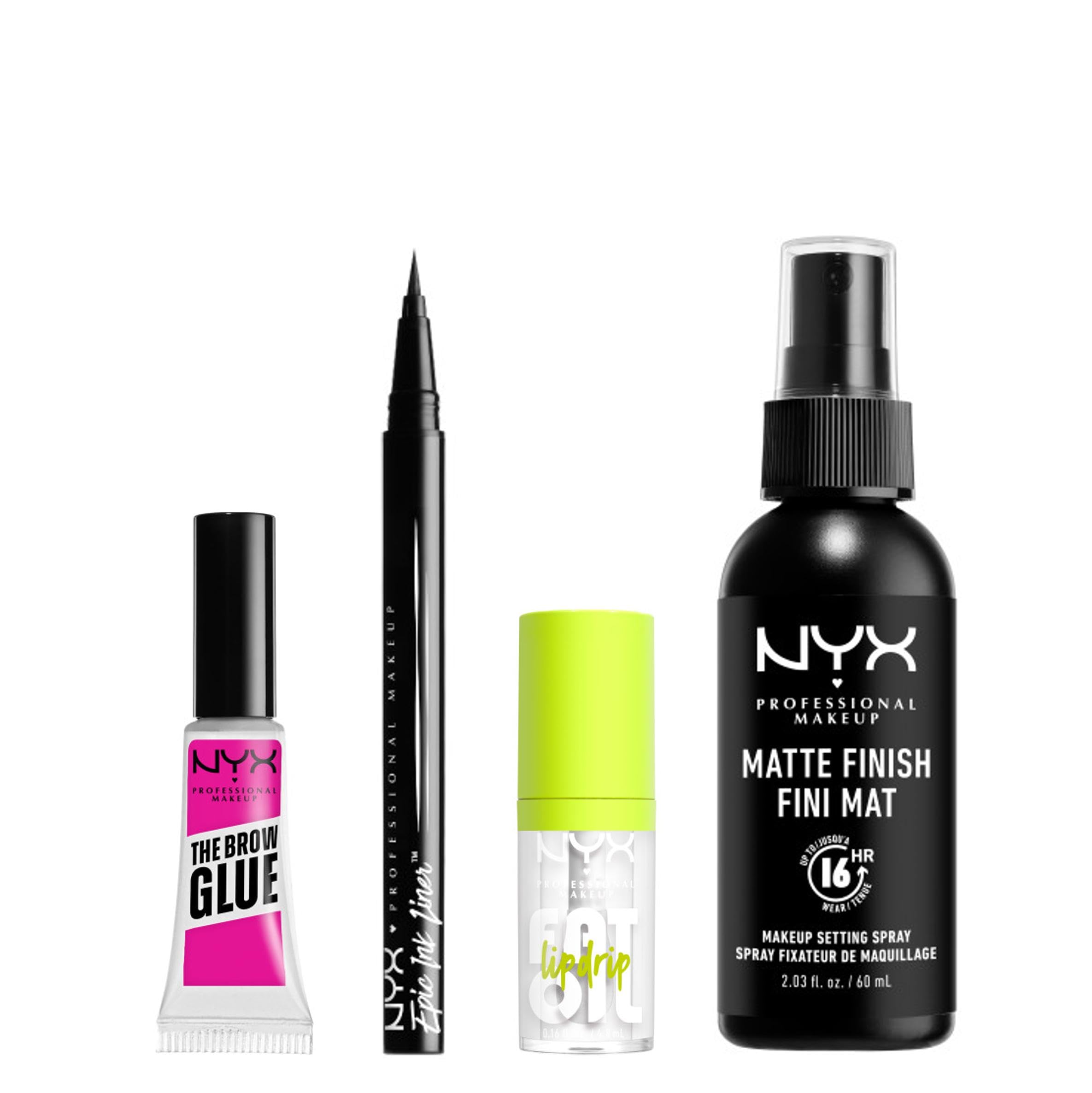 NYX Professional Makeup, Coffret Spray Fixateur Mat + Eyeliner Epic Ink Liner, Black (01) + Colle Fixatrice à Sourcils The Brow Glue, Transparent (01) + Huile à Lèvres Fat Oil Lip Drip, My Main (01)