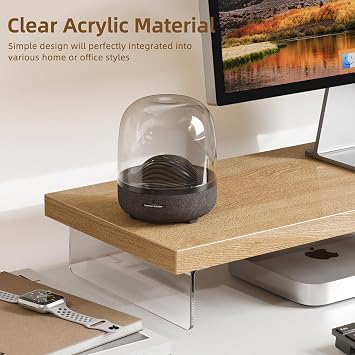 Dual Monitor Stand Riser, 40x10 in Wood & Acrylic Desktop Organizer Shelf