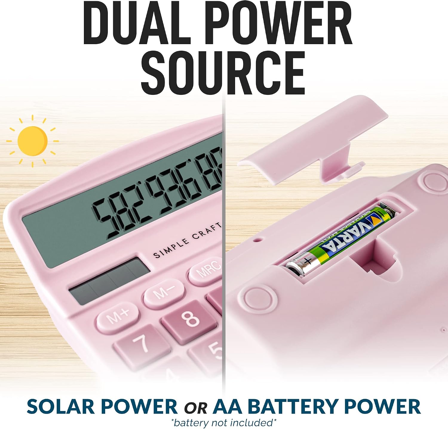 Simple Craft 12-Digit Desk Calculator Large Display 4” LCD Screen - Solar Powered Office Calculators Desktop Tool with Big Sensitive Buttons - Handheld Basic Calculator for Home and Office (Pink)