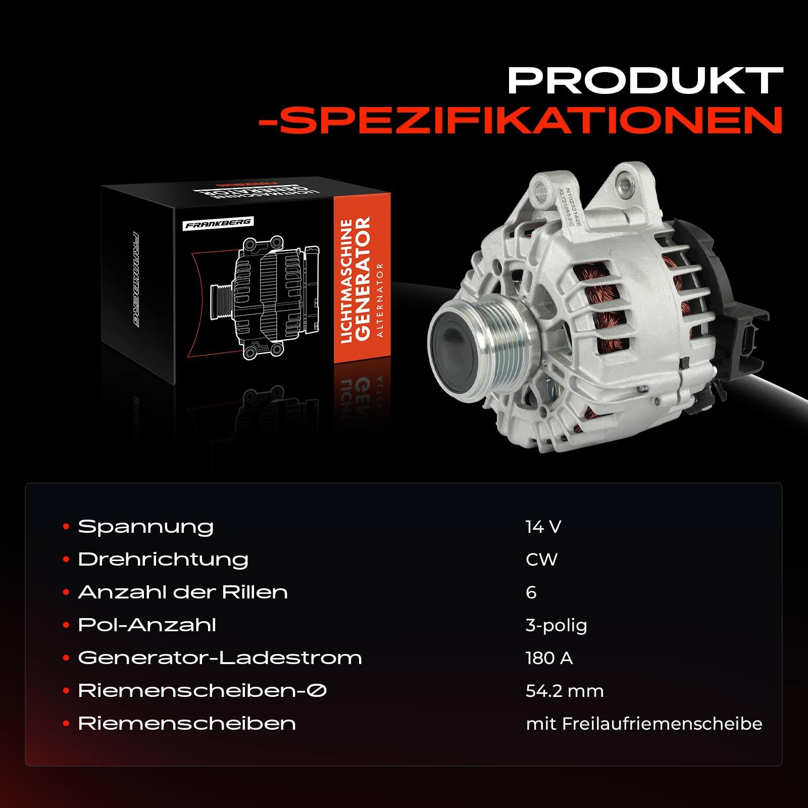 Frankberg Lichtmaschine Generator 180A Kompatibel mit Mondeo V Schrägheck CE 2.0L Diesel 2014-2024 Galaxy CK 2.0L Diesel 2015-2018 S-Max CJ WA6 2.0L Diesel 2015-2018 Replace# 439957