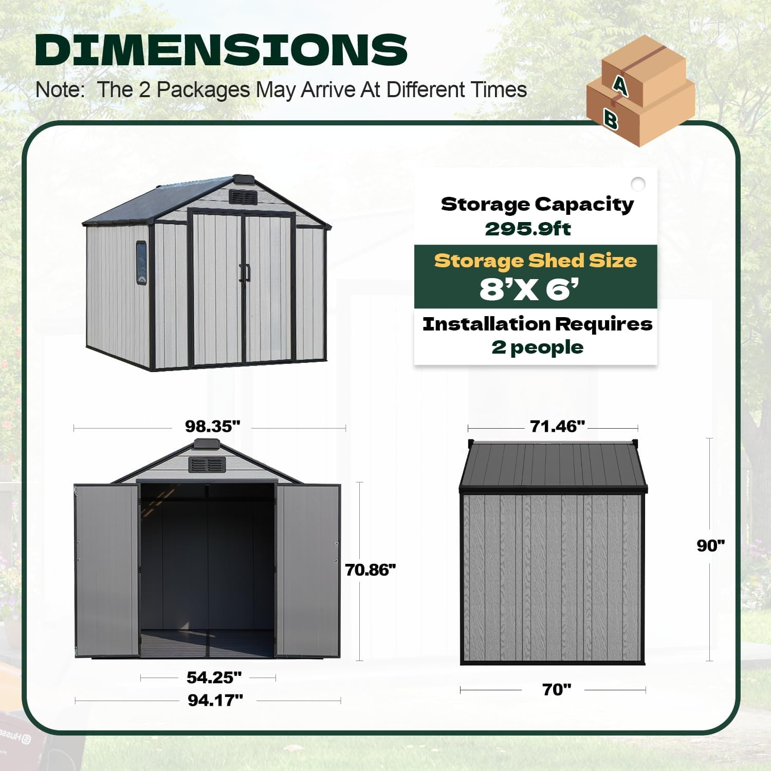 Dimensions of the MELLCOM 8x6 FT Resin Storage Shed.