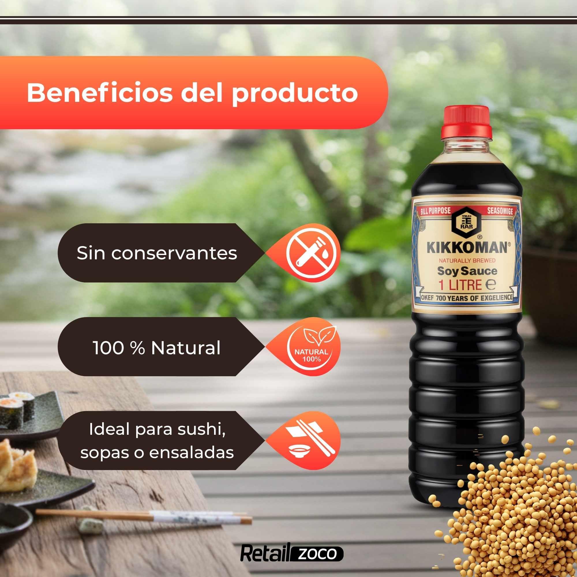 Salsa de Soja receta clásica, Salsa para Sushi, Soja Japonesa, ingredientes son 100% naturales sin aditivos ni conservantes, Para verduras, sopas, guisos, hacer salsas o aliñar las ensaladas, 1000 ml