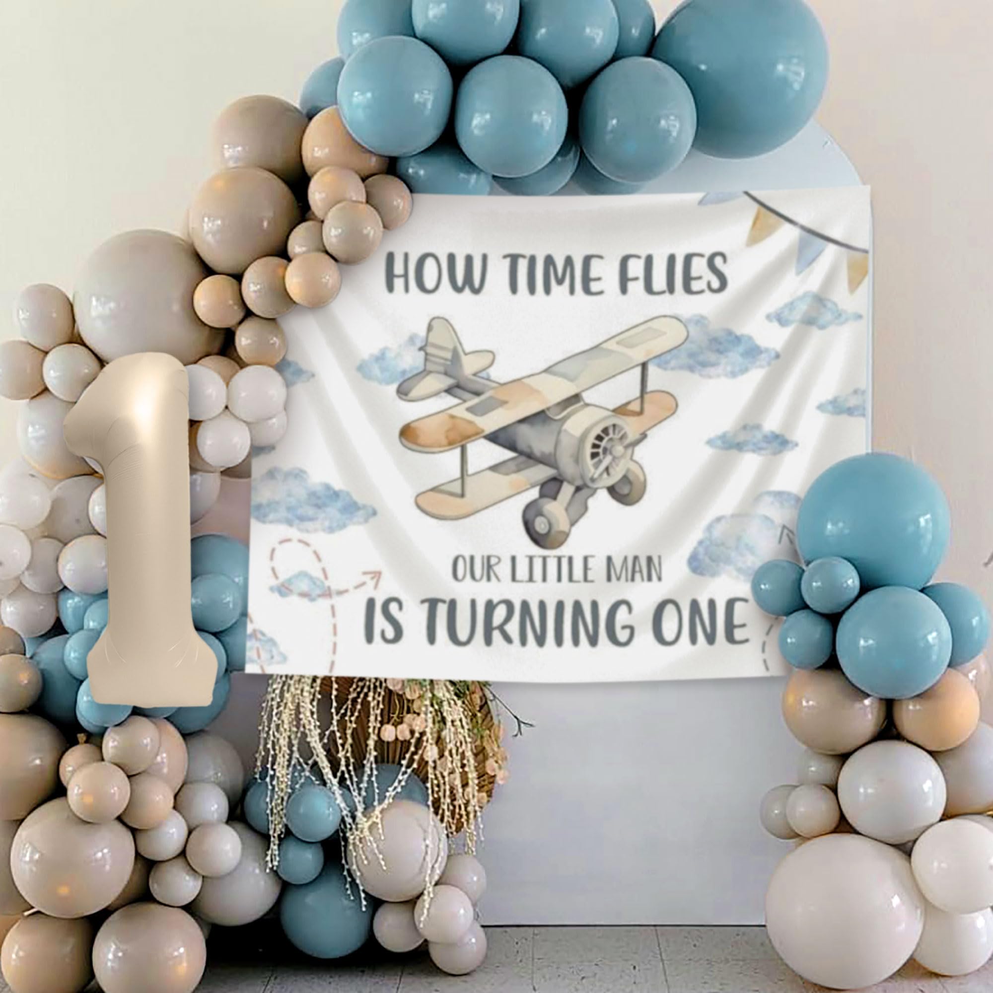 Airplane 1st Birthday Decors,Time Flies 1st Birthday Decorations Boys Vintage Airplane Theme First Backdrop Number 1 Balloon for How Time Flies