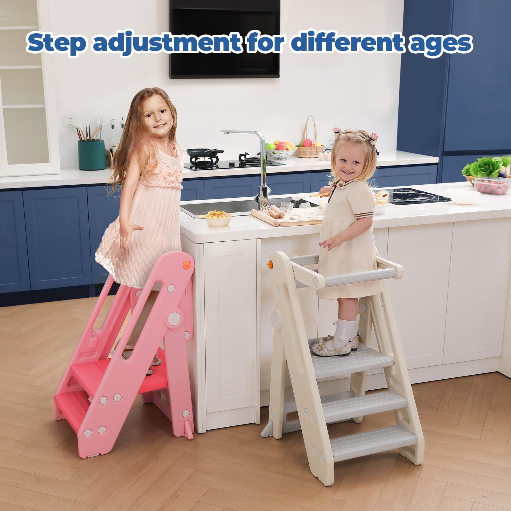 Onasti Torre di Apprendimento per Bambini, Learning Tower,Torre Montessoriana Pieghevole e Regolabile in Altezza per Bambini per Bancone Cucina Lavandino Bagno, Torretta Montessoriana (Bianco)