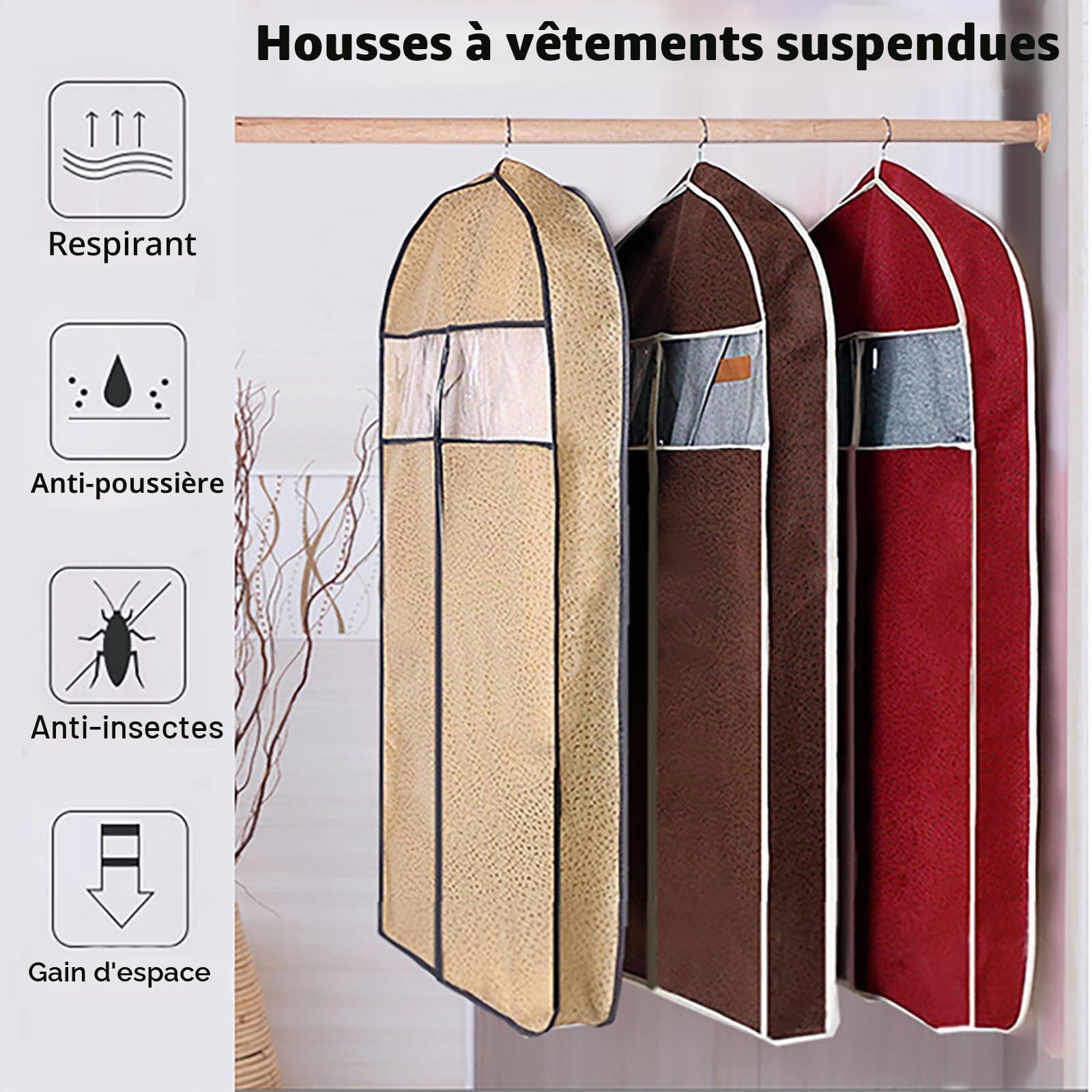 Lot de 3 Housses Respirantes pour Vêtements - Penderie & Voyage - Protections Anti-Poussière en Non-Tissé pour Manteaux/Robes/Fourrures (Système Suspension Intégré)(Size:128cm/50.4in,Color:Brown)