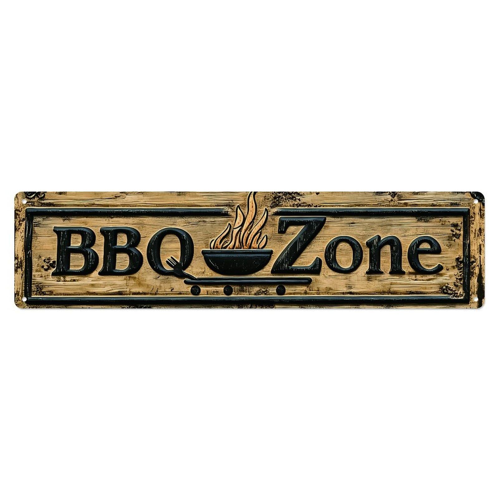 BBQ Zone Rustic Carved Wooden Style Sign Vintage Aluminium Metal Sign, Retro Wall Decor for Home, Bar, Garage & Farmhouse 10 * 40cm