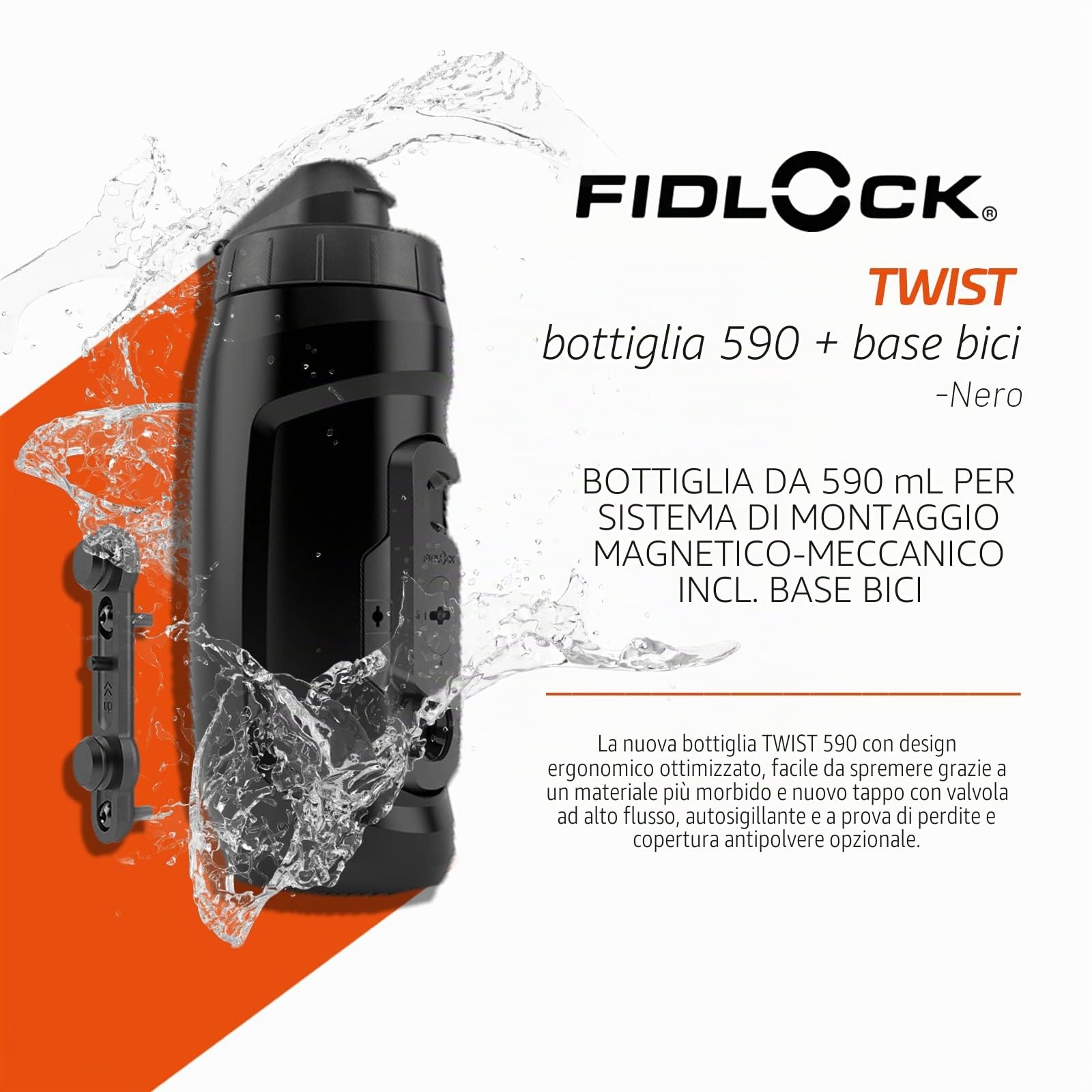 FIDLOCK Twist Bottle 590 & Bike Base Set – Nuovo tappo a prova di perdite, autosigillante, portabottiglie per bici senza viti e bottiglia attaccata, supporto magnetico senza gabbia, nero